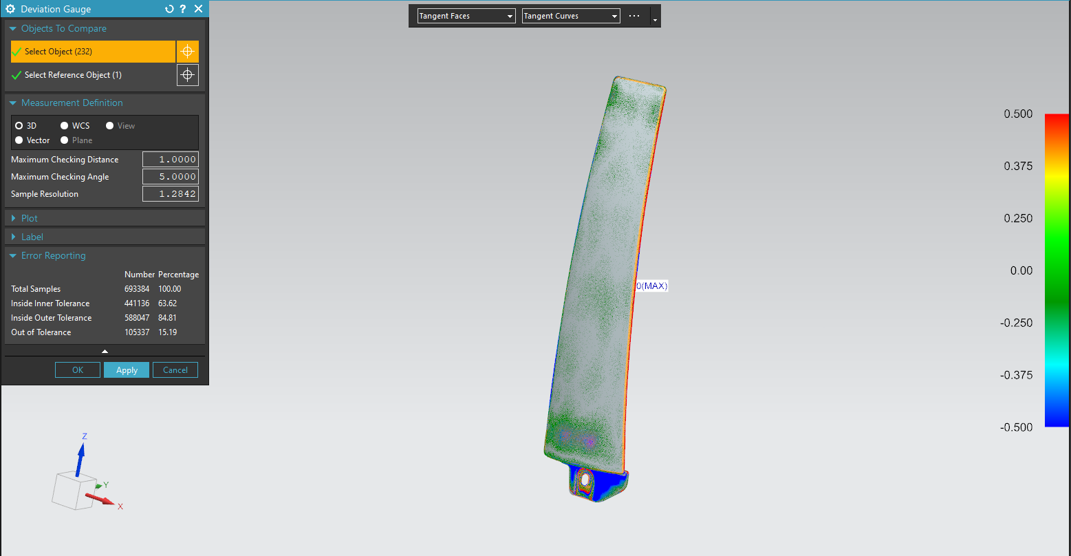 Unaltered NX deviation comparison screenshot with colour scale and sample statistics