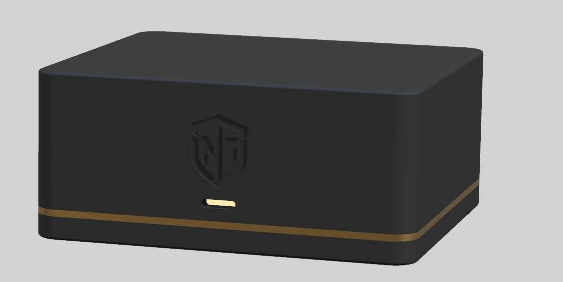 CJM CAD model showing the enclosure front and gold accent band