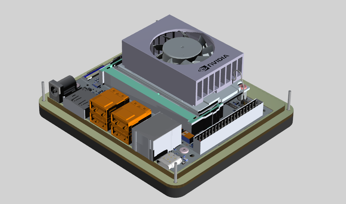 CAD view of the Jetson board and cooling assembly positioned on the enclosure base