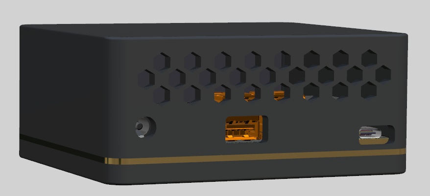 Close CAD view of the rear power, USB-A and USB-C access openings beneath ventilation holes